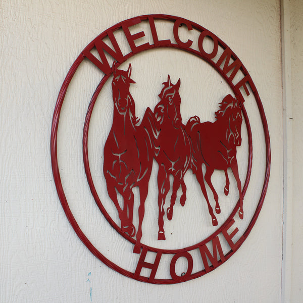 WELCOME RUNNING HORSES RUSTIC RED METAL WALL ART SIGN WESTERN HOME DECOR HANDMADE NEW #EH12719