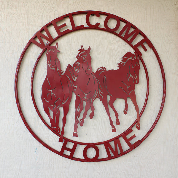 WELCOME RUNNING HORSES RUSTIC RED METAL WALL ART SIGN WESTERN HOME DECOR HANDMADE NEW #EH12719