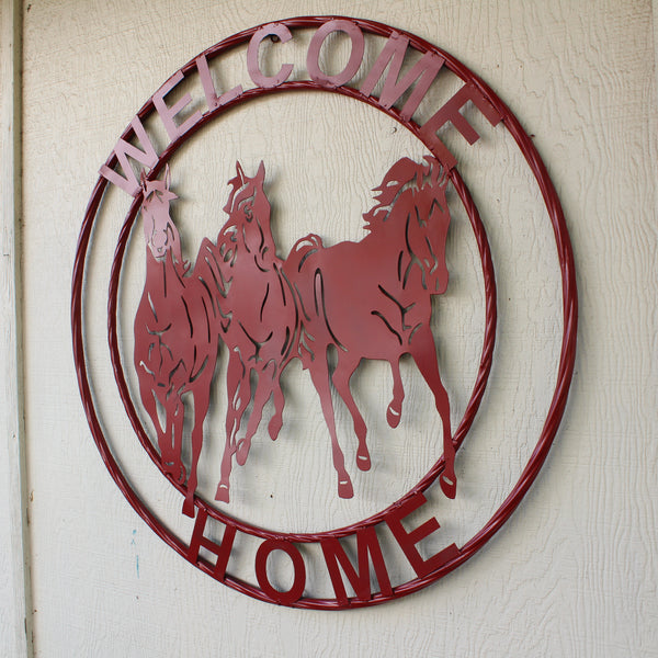 WELCOME RUNNING HORSES RUSTIC RED METAL WALL ART SIGN WESTERN HOME DECOR HANDMADE NEW #EH12719