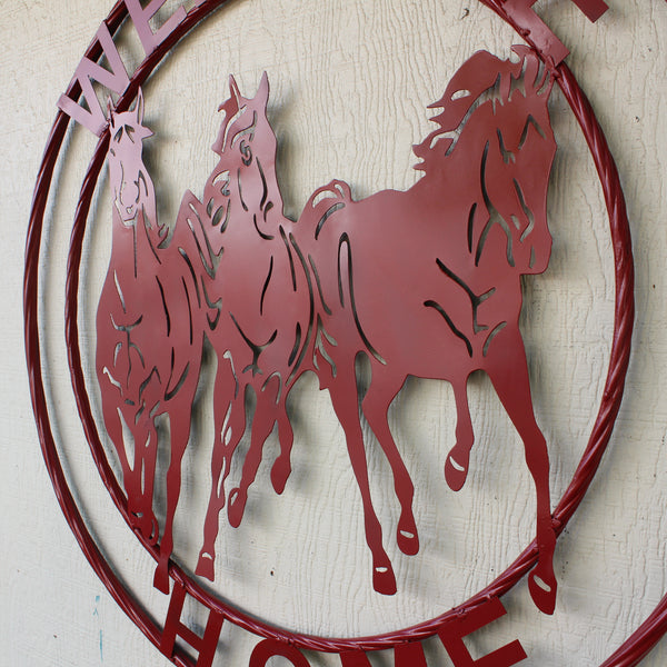 WELCOME RUNNING HORSES RUSTIC RED METAL WALL ART SIGN WESTERN HOME DECOR HANDMADE NEW #EH12719