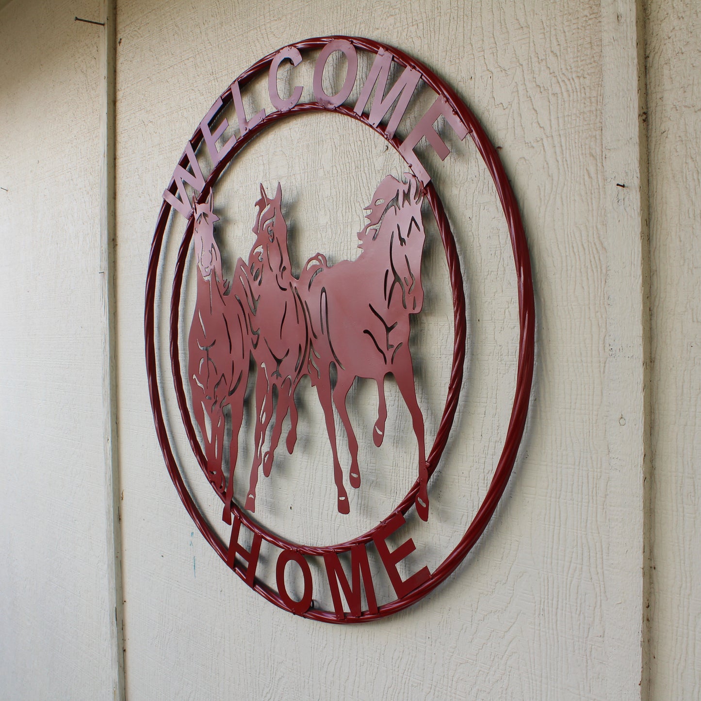 WELCOME RUNNING HORSES RUSTIC RED METAL WALL ART SIGN WESTERN HOME DECOR HANDMADE NEW #EH12719