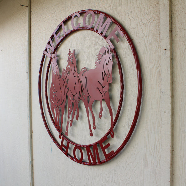 WELCOME RUNNING HORSES RUSTIC RED METAL WALL ART SIGN WESTERN HOME DECOR HANDMADE NEW #EH12719