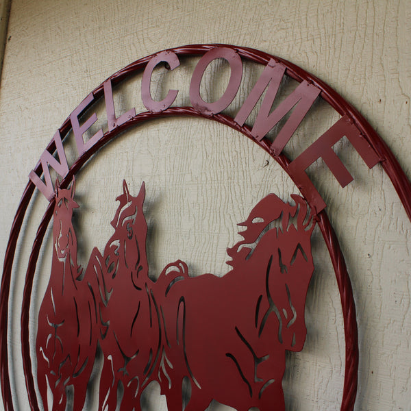 WELCOME RUNNING HORSES RUSTIC RED METAL WALL ART SIGN WESTERN HOME DECOR HANDMADE NEW #EH12719