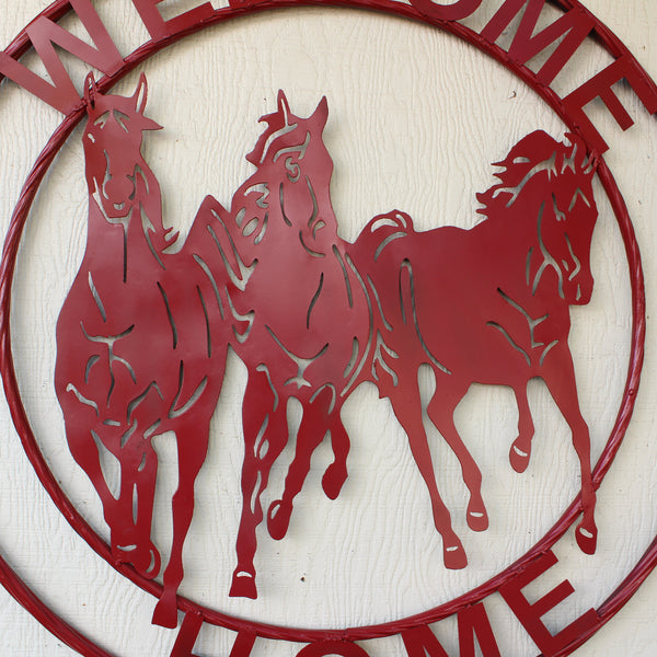 WELCOME RUNNING HORSES RUSTIC RED METAL WALL ART SIGN WESTERN HOME DECOR HANDMADE NEW #EH12719