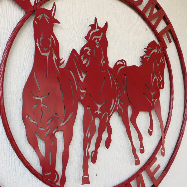 WELCOME RUNNING HORSES RUSTIC RED METAL WALL ART SIGN WESTERN HOME DECOR HANDMADE NEW #EH12719