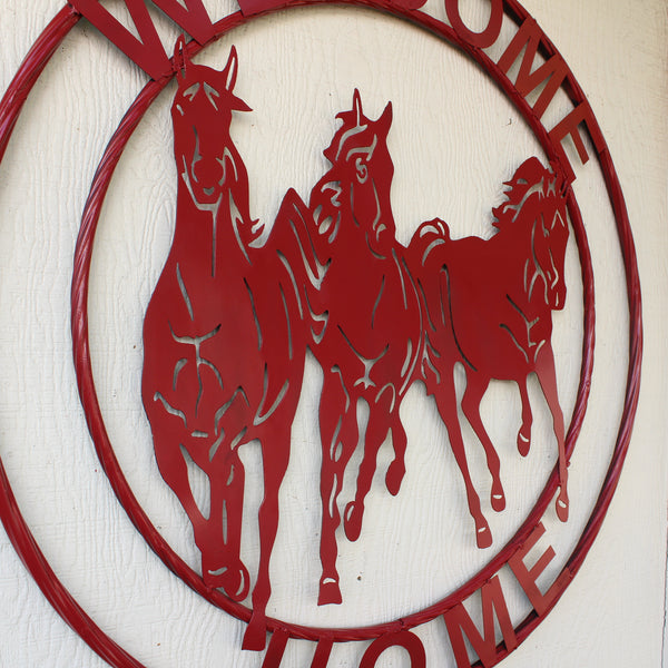 WELCOME RUNNING HORSES RUSTIC RED METAL WALL ART SIGN WESTERN HOME DECOR HANDMADE NEW #EH12719