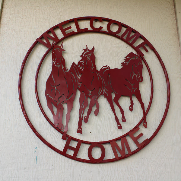 WELCOME RUNNING HORSES RUSTIC RED METAL WALL ART SIGN WESTERN HOME DECOR HANDMADE NEW #EH12719