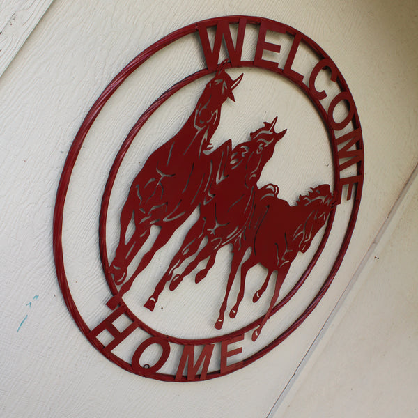 WELCOME RUNNING HORSES RUSTIC RED METAL WALL ART SIGN WESTERN HOME DECOR HANDMADE NEW #EH12719