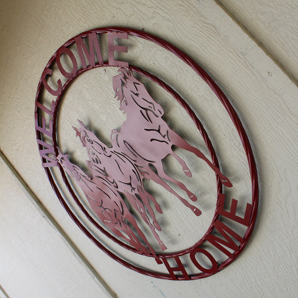 WELCOME RUNNING HORSES RUSTIC RED METAL WALL ART SIGN WESTERN HOME DECOR HANDMADE NEW #EH12719