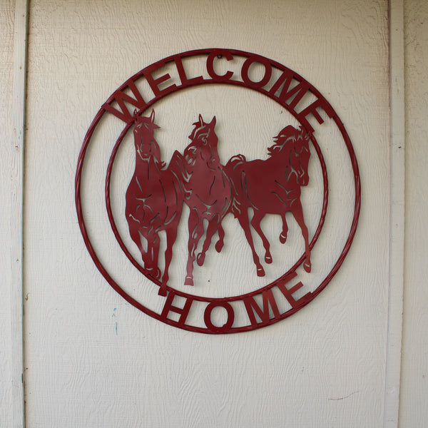 WELCOME RUNNING HORSES RUSTIC RED METAL WALL ART SIGN WESTERN HOME DECOR HANDMADE NEW #EH12719