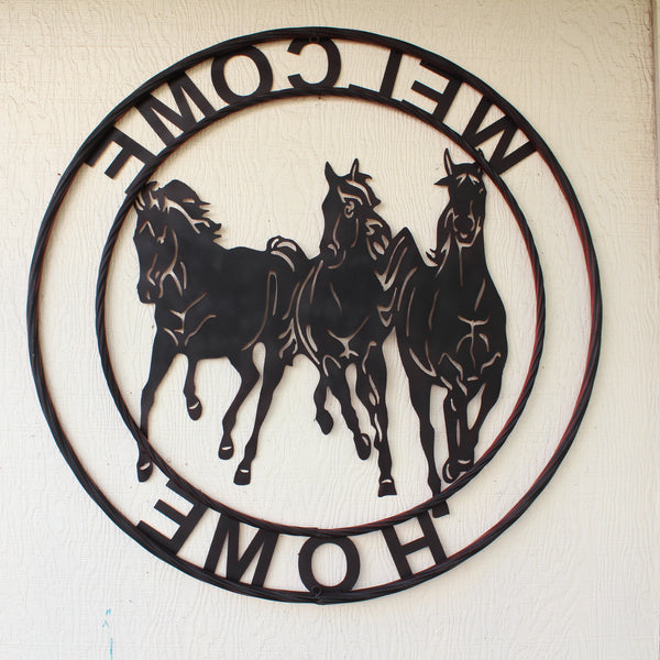 WELCOME RUNNING HORSES RUSTIC RED METAL WALL ART SIGN WESTERN HOME DECOR HANDMADE NEW #EH12719