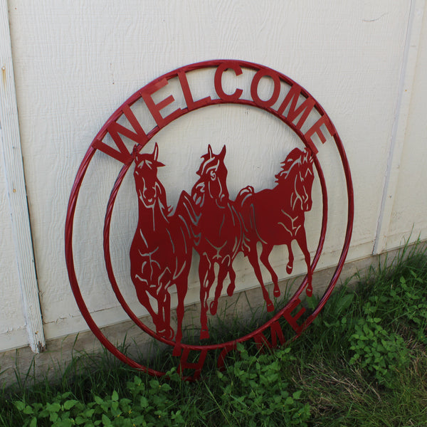 WELCOME RUNNING HORSES RUSTIC RED METAL WALL ART SIGN WESTERN HOME DECOR HANDMADE NEW #EH12719