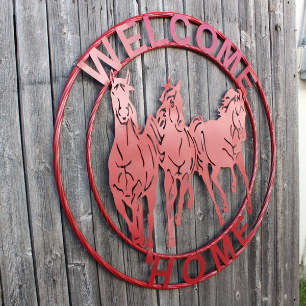 WELCOME RUNNING HORSES RUSTIC RED METAL WALL ART SIGN WESTERN HOME DECOR HANDMADE NEW #EH12719