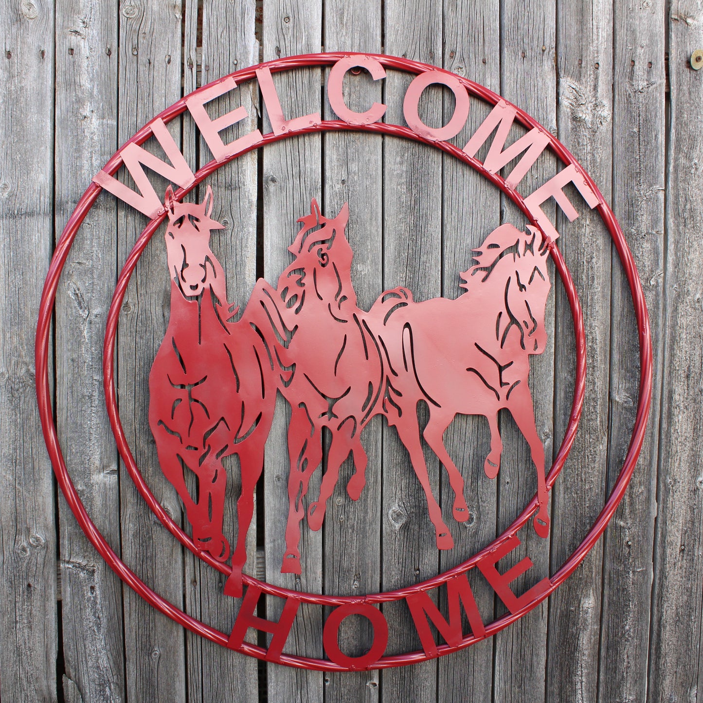 WELCOME RUNNING HORSES RUSTIC RED METAL WALL ART SIGN WESTERN HOME DECOR HANDMADE NEW #EH12719