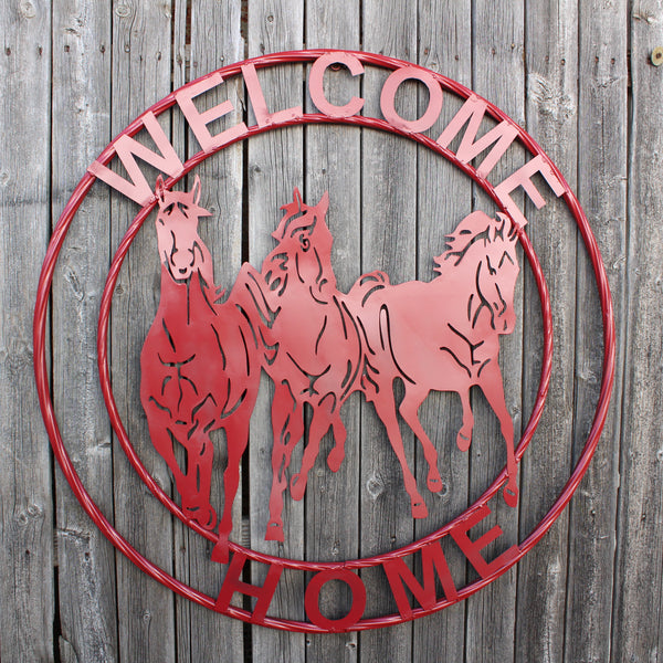 WELCOME RUNNING HORSES RUSTIC RED METAL WALL ART SIGN WESTERN HOME DECOR HANDMADE NEW #EH12719