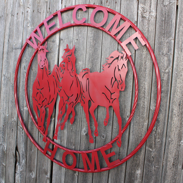 WELCOME RUNNING HORSES RUSTIC RED METAL WALL ART SIGN WESTERN HOME DECOR HANDMADE NEW #EH12719