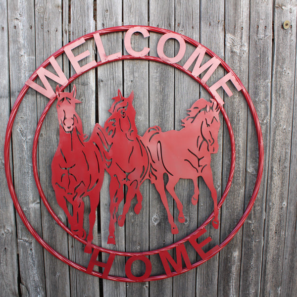 WELCOME RUNNING HORSES RUSTIC RED METAL WALL ART SIGN WESTERN HOME DECOR HANDMADE NEW #EH12719