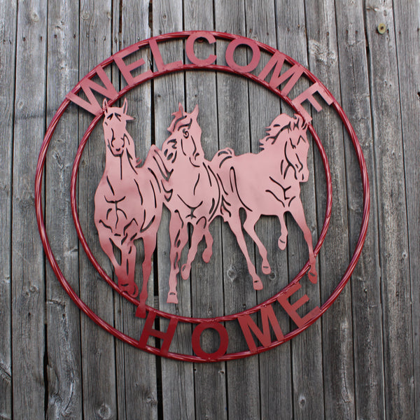 WELCOME RUNNING HORSES RUSTIC RED METAL WALL ART SIGN WESTERN HOME DECOR HANDMADE NEW #EH12719