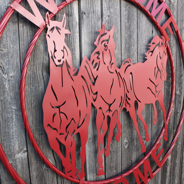 WELCOME RUNNING HORSES RUSTIC RED METAL WALL ART SIGN WESTERN HOME DECOR HANDMADE NEW #EH12719
