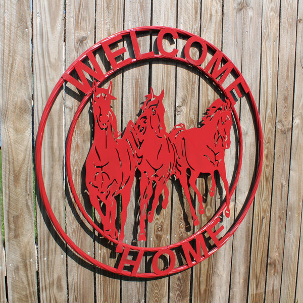 WELCOME RUNNING HORSES RUSTIC RED METAL WALL ART SIGN WESTERN HOME DECOR HANDMADE NEW #EH12719