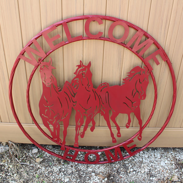 WELCOME RUNNING HORSES RUSTIC RED METAL WALL ART SIGN WESTERN HOME DECOR HANDMADE NEW #EH12719