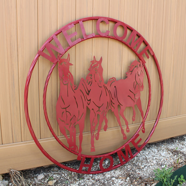 WELCOME RUNNING HORSES RUSTIC RED METAL WALL ART SIGN WESTERN HOME DECOR HANDMADE NEW #EH12719