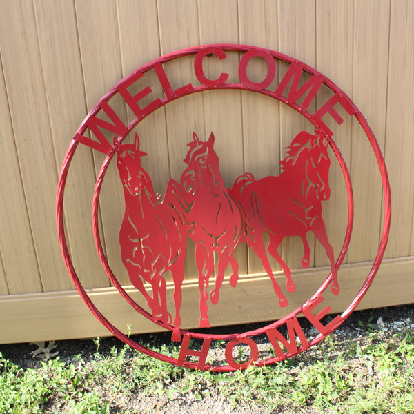 WELCOME RUNNING HORSES RUSTIC RED METAL WALL ART SIGN WESTERN HOME DECOR HANDMADE NEW #EH12719