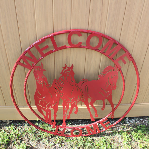 WELCOME RUNNING HORSES RUSTIC RED METAL WALL ART SIGN WESTERN HOME DECOR HANDMADE NEW #EH12719