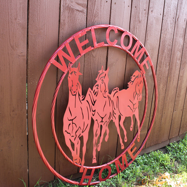 WELCOME RUNNING HORSES RUSTIC RED METAL WALL ART SIGN WESTERN HOME DECOR HANDMADE NEW #EH12719