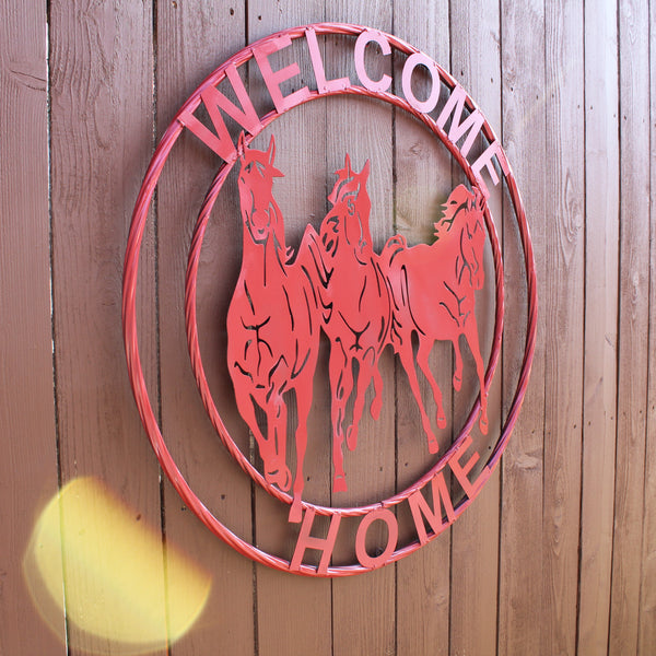 WELCOME RUNNING HORSES RUSTIC RED METAL WALL ART SIGN WESTERN HOME DECOR HANDMADE NEW #EH12719