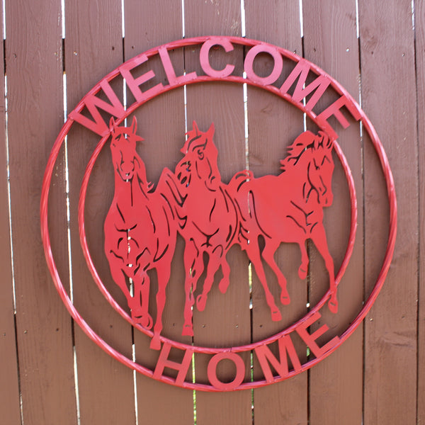 WELCOME RUNNING HORSES RUSTIC RED METAL WALL ART SIGN WESTERN HOME DECOR HANDMADE NEW #EH12719