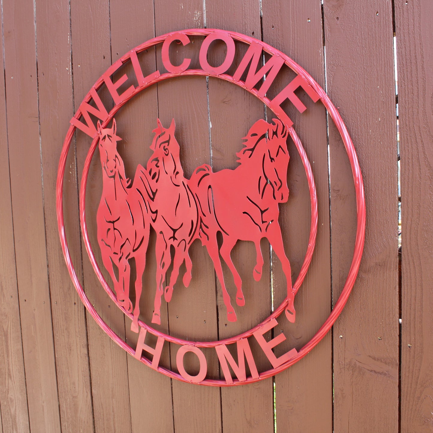 WELCOME RUNNING HORSES RUSTIC RED METAL WALL ART SIGN WESTERN HOME DECOR HANDMADE NEW #EH12719
