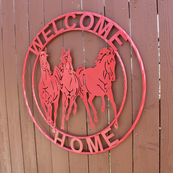 WELCOME RUNNING HORSES RUSTIC RED METAL WALL ART SIGN WESTERN HOME DECOR HANDMADE NEW #EH12719