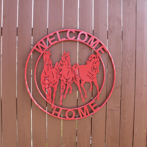 WELCOME RUNNING HORSES RUSTIC RED METAL WALL ART SIGN WESTERN HOME DECOR HANDMADE NEW #EH12719