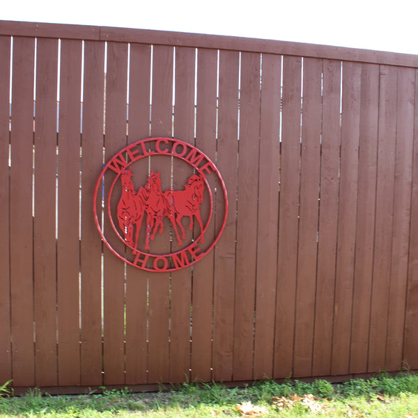 WELCOME RUNNING HORSES RUSTIC RED METAL WALL ART SIGN WESTERN HOME DECOR HANDMADE NEW #EH12719