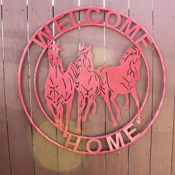 WELCOME RUNNING HORSES RUSTIC RED METAL WALL ART SIGN WESTERN HOME DECOR HANDMADE NEW #EH12719