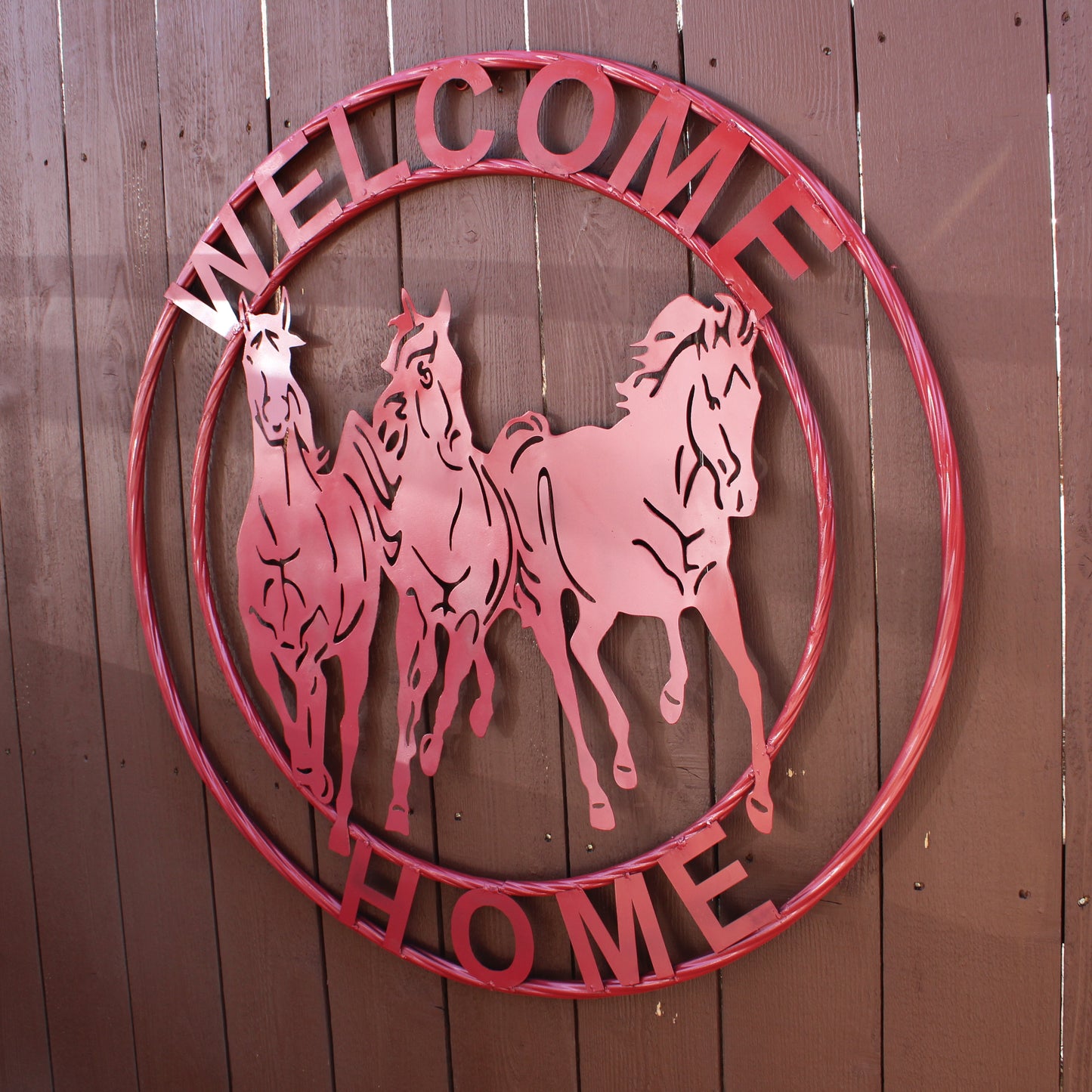 WELCOME RUNNING HORSES RUSTIC RED METAL WALL ART SIGN WESTERN HOME DECOR HANDMADE NEW #EH12719