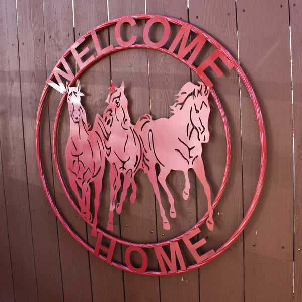 WELCOME RUNNING HORSES RUSTIC RED METAL WALL ART SIGN WESTERN HOME DECOR HANDMADE NEW #EH12719