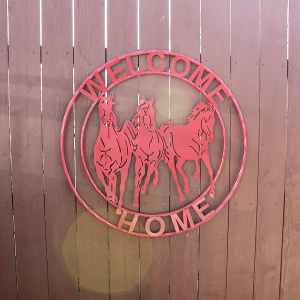 WELCOME RUNNING HORSES RUSTIC RED METAL WALL ART SIGN WESTERN HOME DECOR HANDMADE NEW #EH12719
