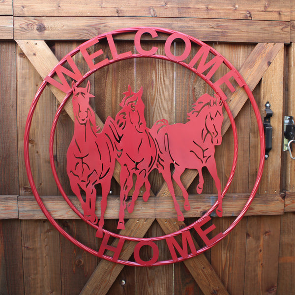 WELCOME RUNNING HORSES RUSTIC RED METAL WALL ART SIGN WESTERN HOME DECOR HANDMADE NEW #EH12719