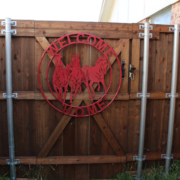 WELCOME RUNNING HORSES RUSTIC RED METAL WALL ART SIGN WESTERN HOME DECOR HANDMADE NEW #EH12719