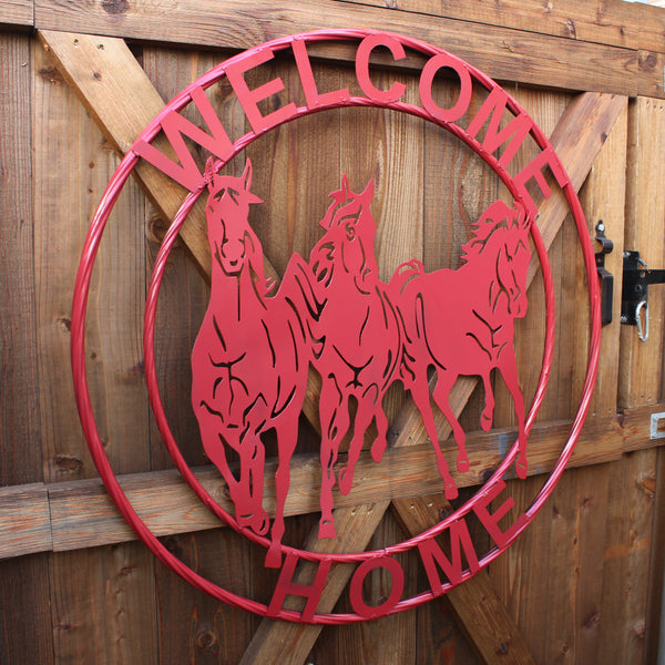 WELCOME RUNNING HORSES RUSTIC RED METAL WALL ART SIGN WESTERN HOME DECOR HANDMADE NEW #EH12719