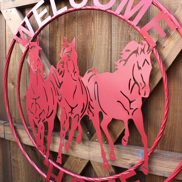 WELCOME RUNNING HORSES RUSTIC RED METAL WALL ART SIGN WESTERN HOME DECOR HANDMADE NEW #EH12719