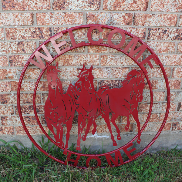 WELCOME RUNNING HORSES RUSTIC RED METAL WALL ART SIGN WESTERN HOME DECOR HANDMADE NEW #EH12719