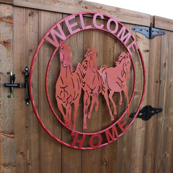 WELCOME RUNNING HORSES RUSTIC RED METAL WALL ART SIGN WESTERN HOME DECOR HANDMADE NEW #EH12719