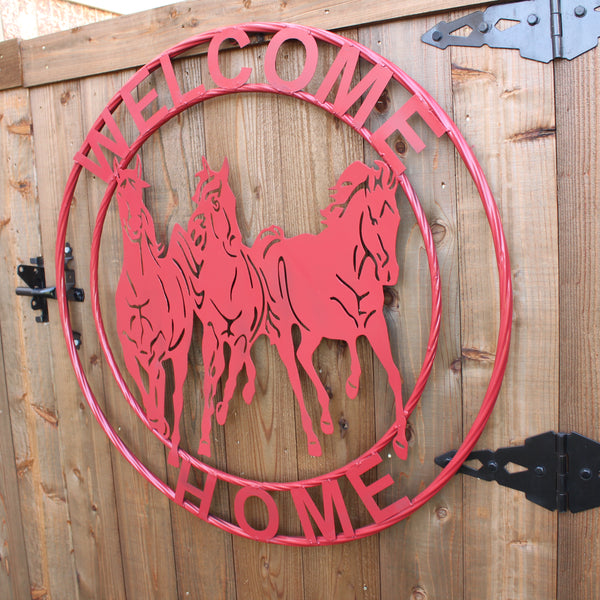 WELCOME RUNNING HORSES RUSTIC RED METAL WALL ART SIGN WESTERN HOME DECOR HANDMADE NEW #EH12719