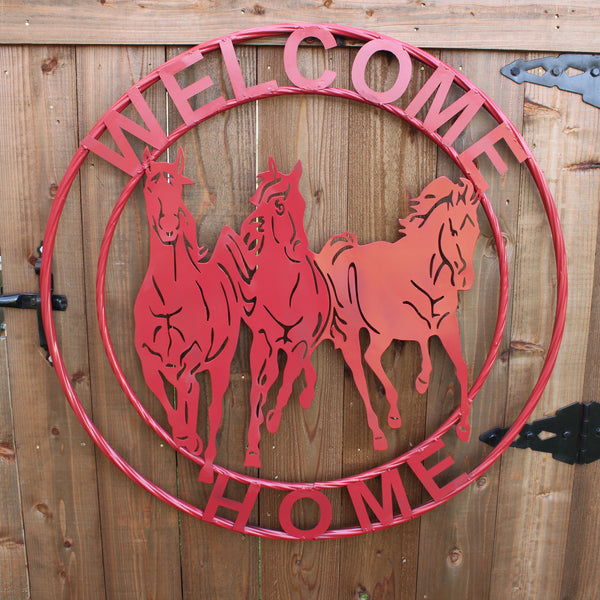 WELCOME RUNNING HORSES RUSTIC RED METAL WALL ART SIGN WESTERN HOME DECOR HANDMADE NEW #EH12719