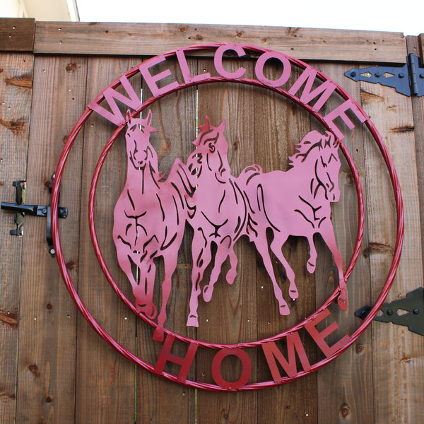 WELCOME RUNNING HORSES RUSTIC RED METAL WALL ART SIGN WESTERN HOME DECOR HANDMADE NEW #EH12719