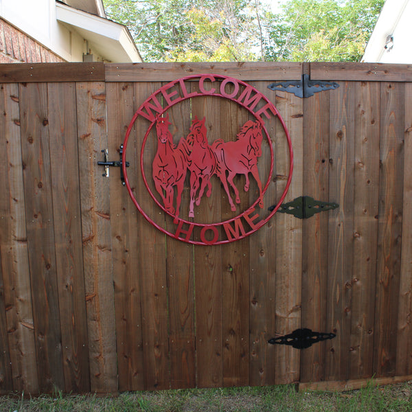 WELCOME RUNNING HORSES RUSTIC RED METAL WALL ART SIGN WESTERN HOME DECOR HANDMADE NEW #EH12719