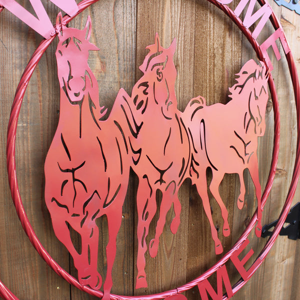 WELCOME RUNNING HORSES RUSTIC RED METAL WALL ART SIGN WESTERN HOME DECOR HANDMADE NEW #EH12719